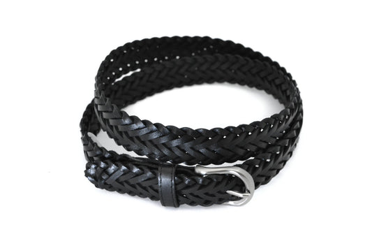 ZAREH - Womens Black Plaited Leather Belt with Silver Buckle - BeltNBags