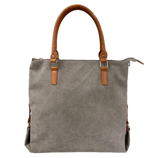 MINKARA - Women's Grey Canvas Shoulder Bag with Leather Straps