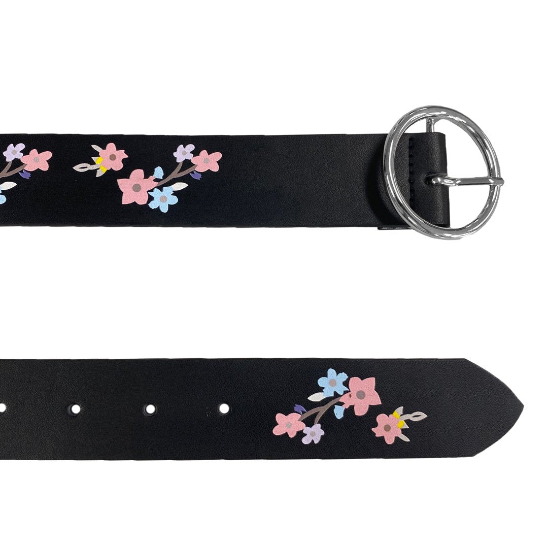 HARPER- Girls Black Genuine Leather Flower Belt with Silver Buckle