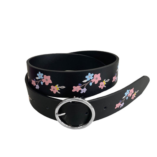 HARPER- Girls Black Genuine Leather Flower Belt with Silver Buckle