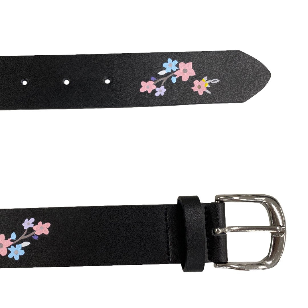 ARIA- Girls Black Genuine Leather Flower Belt with Square Silver Buckle
