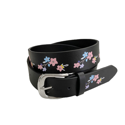 ARIA- Girls Black Genuine Leather Flower Belt with Square Silver Buckle