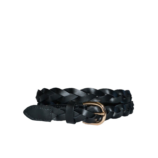 WAVERLY - Womens Black Skinny Leather Plaited Belt with Gold Buckle
